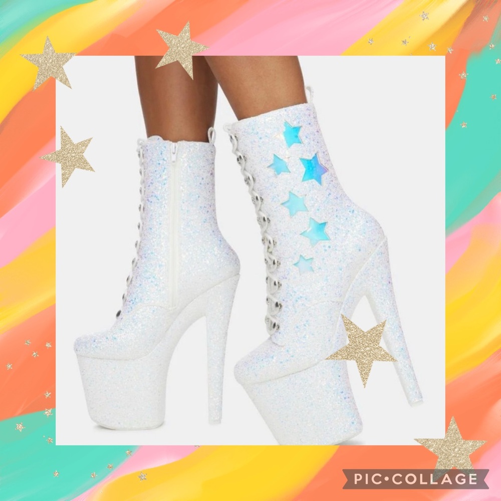 YRU Xtra- Mya White Star Glitter Platform Boots